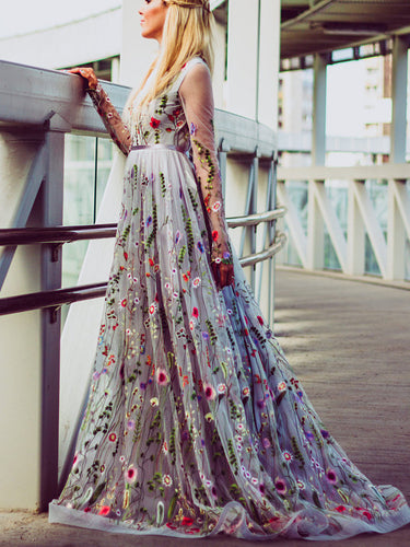 Beautiful Lace Prom Dresses A-line Sweep Train Fairy Prom Dress Long Evening Dress JKL1198|Annapromdress