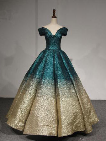 Sparkly Ombre Prom Dresses Off-the-shoulder V-neck Long Ball Gown Prom Dress JKL1200|Annapromdress