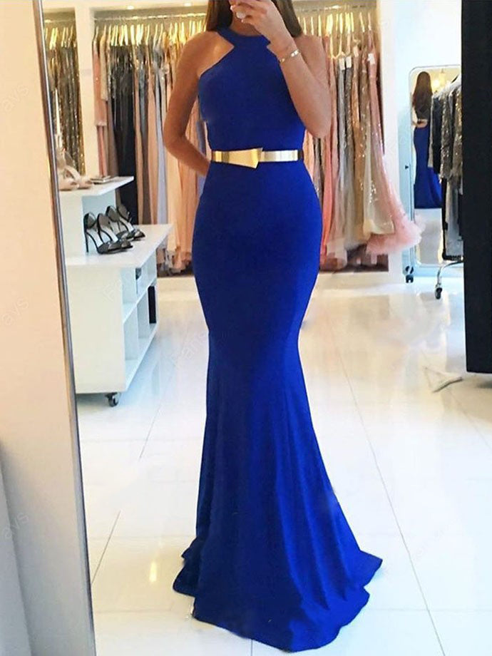 fitted lace wedding dress Mermaid Prom Dresses Halter Open Back Royal Blue Gold Sash Long Simple –  Anna PromDress