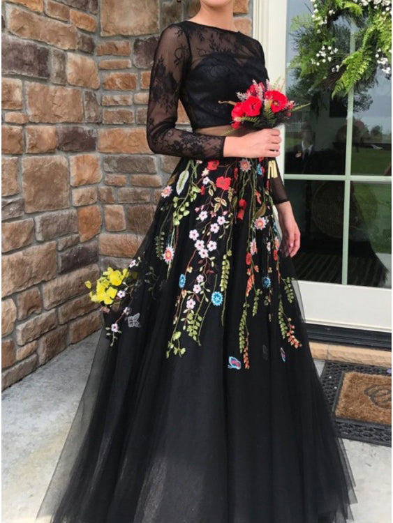 Two Piece Long Sleeve Prom Dresses A-line Lace Long Sexy Black Prom Dr –  Anna PromDress