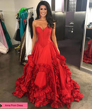 Beautiful Prom Dresses A-line Sweetheart Sweep Train Ruffles Red Long Chic Prom Dress JKL1206|Annapromdress