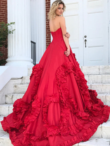 Beautiful Prom Dresses A-line Sweetheart Sweep Train Ruffles Red Long Chic Prom Dress JKL1206|Annapromdress