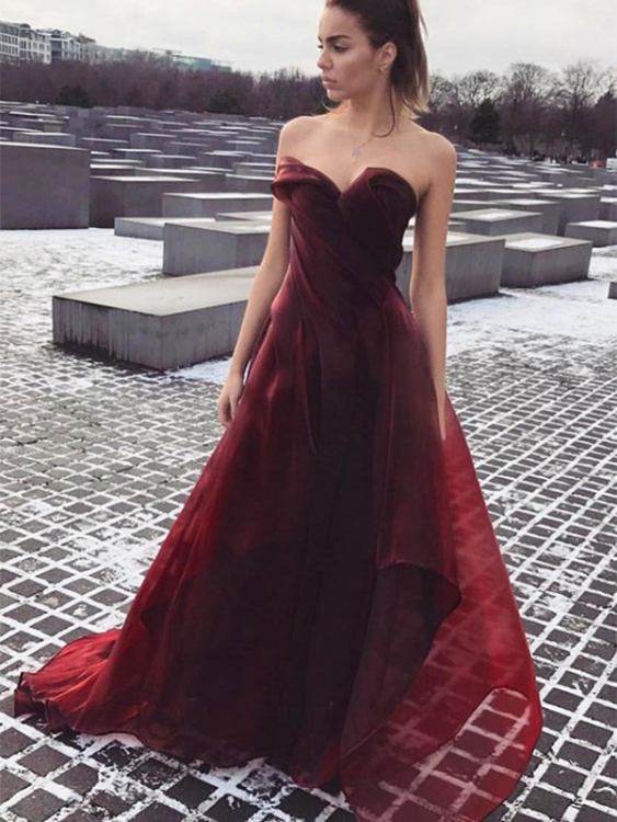 Burgundy Prom Dresses Sweetheart Long A-line Organza Simple Cheap Prom Dress JKL1207|Annapromdress