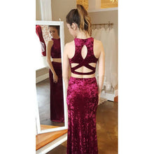 Two Piece Prom Dresses High Neck Velvet Sheath Long Slit Prom Dress Sexy Evening Dress JKL1208|Annapromdress