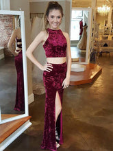 Two Piece Prom Dresses High Neck Velvet Sheath Long Slit Prom Dress Sexy Evening Dress JKL1208|Annapromdress