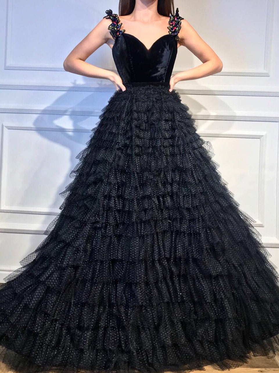 Black Prom Dresses Straps A-line Sweep Train Ruffles Lace Butterfly Long Prom Dress JKL1209|Annapromdress
