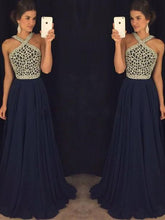 Long Sexy Prom Dresses Halter Sequins Chiffon Dark Navy Prom Dress/Evening Dress JKL120