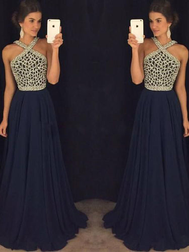 Long Sexy Prom Dresses Halter Sequins Chiffon Dark Navy Prom Dress/Evening Dress JKL120