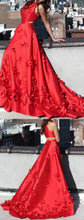 Red Prom Dresses A-line Sweep Train Hand-Made Flower Long Chic Prom Dress JKL1213|Annapromdress