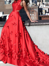 Red Prom Dresses A-line Sweep Train Hand-Made Flower Long Chic Prom Dress JKL1213|Annapromdress