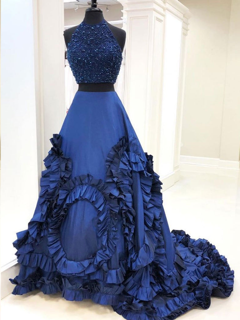 Glamorous Designer Two Piecess Prom Dresses Beadings Cap Sleeve Long Party Gowns main image 0