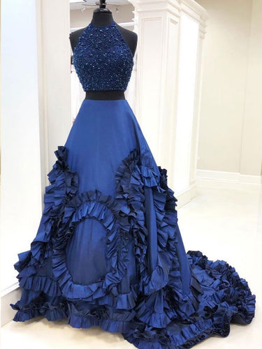 Two Piece Prom Dresses Halter Sparkly Beading Ruffles Long Ball Gown Prom Dress JKL1217|Annapromdress
