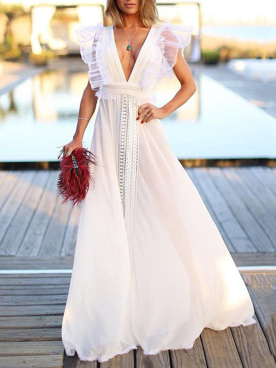 Backless Prom Dresses Deep V-neck A-line Simple Long Chiffon Lace Cheap Prom Dress JKL1221|Annapromdress