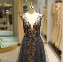 Open Back Prom Dresses V-neck A-line Beading Long Beautiful Sparkly Prom Dress JKL1223|Annapromdress