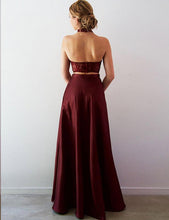 Two Piece Prom Dresses Halter Aline Lace Burgundy Taffeta Long Slit Prom Dress JKL1224|Annapromdress