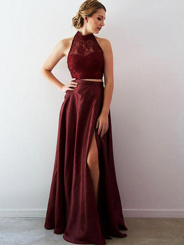 Two Piece Prom Dresses Halter Aline Lace Burgundy Taffeta Long Slit Prom Dress JKL1224|Annapromdress