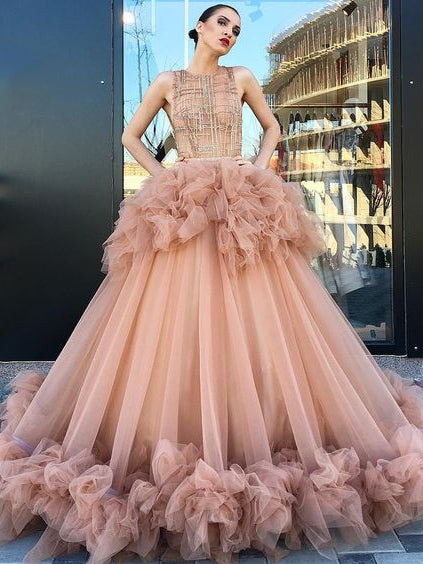 Ball Gown Prom Dresses Scoop Ruffles Long Beautiful Sparkly Lace Prom –  Anna PromDress