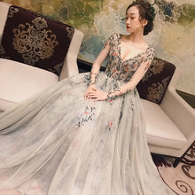 Fairy Long Sleeve Prom Dresses V-neck A-line Embroidery Prom Dress Long Evening Dress JKL1233|Annapromdress