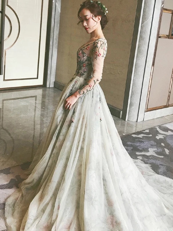 Fairy Long Sleeve Prom Dresses V-neck A-line Embroidery Prom Dress Long Evening Dress JKL1233|Annapromdress