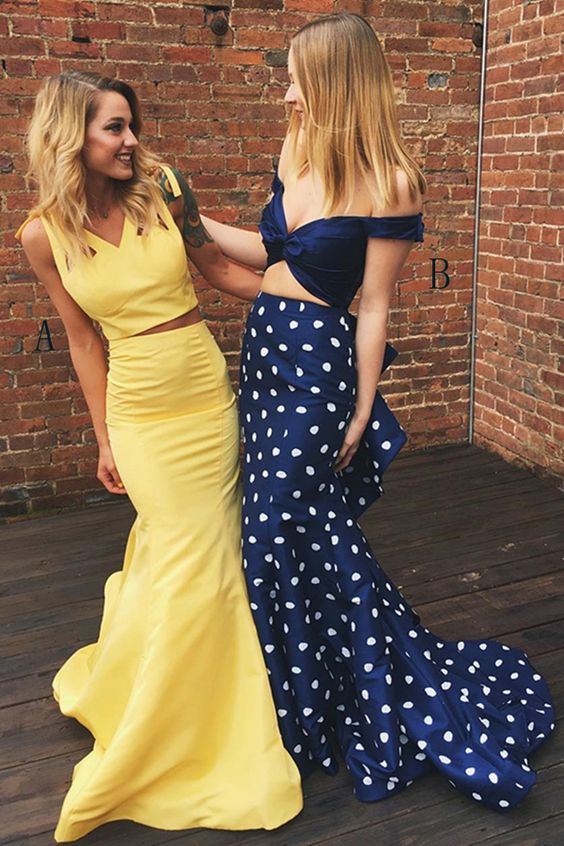 Two Piece Prom Dresses Mermaid V-neck Short Train Print Chic Long