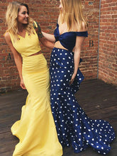 Two Piece Prom Dresses Mermaid V-neck Short Train Print Chic Long Yellow Prom Dress JKL1234|Annapromdress