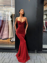 Burgundy Prom Dresses Spaghetti Straps Sheath Long Sparkly Sexy Prom Dress JKL1235|Annapromdress