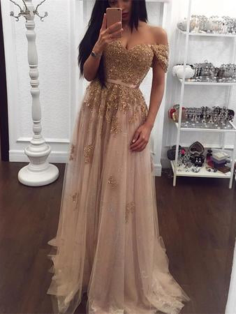 Sparkly Prom Dresses A-line Off-the-shoulder Floor-length Chic Long Prom Dress JKL1238|Annapromdress