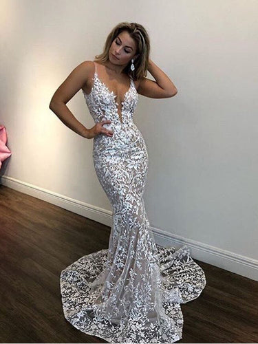 Lace Prom Dresses Straps Mermaid Short Train Long Sparkly Sexy Prom Dress JKL1239|Annapromdress
