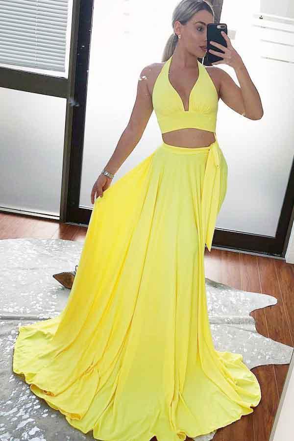 Two Piece Prom Dresses A Line Yellow Simple Cheap Long Prom Dress Sexy Anna PromDress Two Piece Prom Dresses A Line Yellow Simple Cheap Long Prom Dress Sexy Anna PromDress