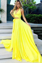 Two Piece Prom Dresses A Line Yellow Simple Cheap Long Prom Dress Sexy Evening Dress JKL1247|Annapromdress