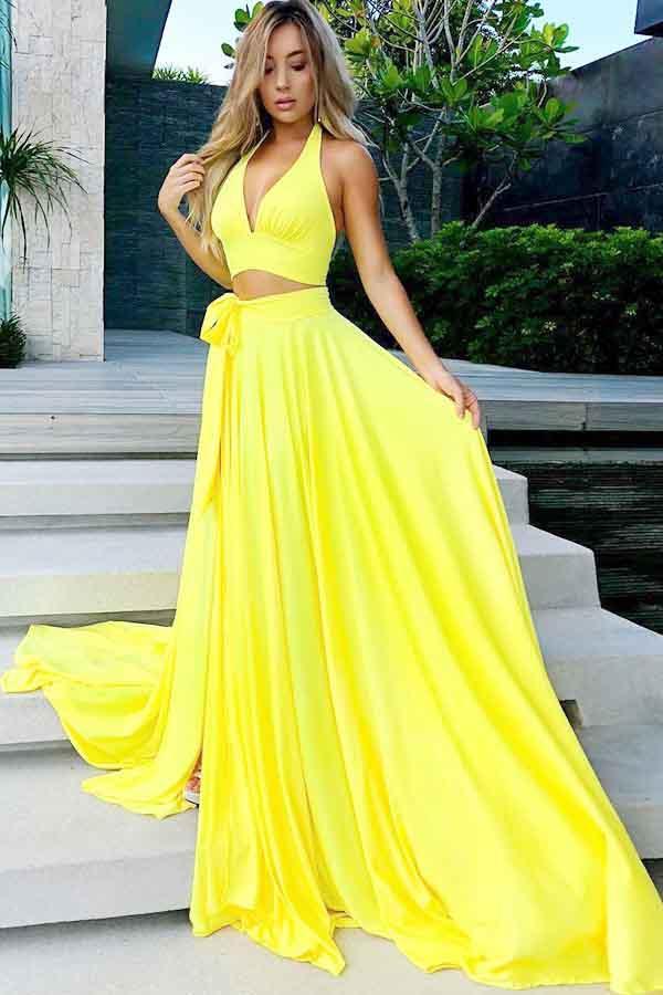 affordable long prom dresses Two Piece Prom Dresses A Line Yellow Simple Cheap Long Prom Dress Sexy – Anna PromDress