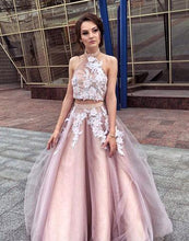 Two Piece Prom Dresses Halter A-line Appliques Long Tulle Chic Open Back Prom Dress JKL1249|Annapromdress