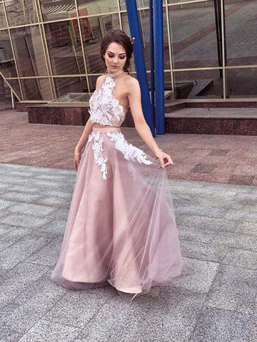 Two Piece Prom Dresses Halter A-line Appliques Long Tulle Chic Open Back Prom Dress JKL1249|Annapromdress