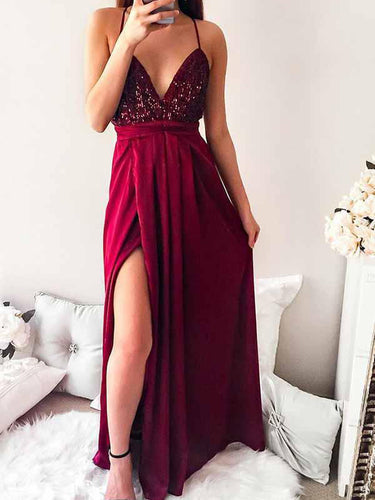 Open Back Prom Dresses with Slit A-line Spaghetti Straps Chic Long Burgundy Prom Dress JKL1252|Annapromdress