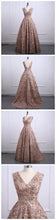 Lace Prom Dresses V-neck A-line Short Train Gold Sparkly Long Prom Dress JKL1255|Annapromdress