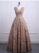 Lace Prom Dresses V-neck A-line Short Train Gold Sparkly Long Prom Dress JKL1255|Annapromdress