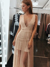 Sparkly Prom Dresses Straps Sheath Beading Long Tulle Beautiful Prom Dress JKL1256|Annapromdress