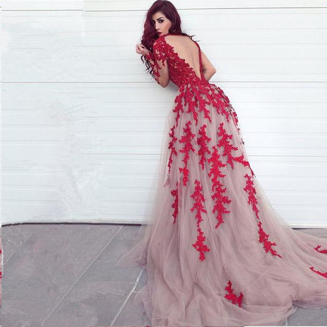 A Line Applique Sleeveless V Neck Tulle Open Back Prom Dresses LBQ3375 main image 1