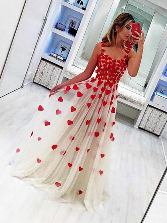 Long Prom Dresses Straps Aline Sexy Floor-length Heart-shaped Appliques Red Prom Dress JKL1267|Annapromdress