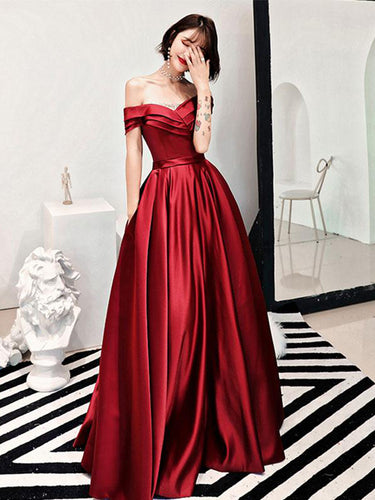 Cheap Prom Dresses Aline Off-the-shoulder Chic Long Simple Burgundy Prom Dress JKL1273|Annapromdress