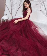 Long Prom Dresses Straps Aline Sexy Sweep Train Burgundy Lace Prom Dress JKL1274|Annapromdress