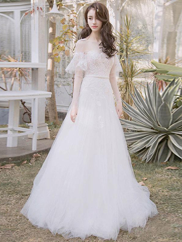 strapless open back dress Long Sleeve Prom Dresses A-line Scoop Floor-length Lace Long Fairy Pro –  Anna PromDress