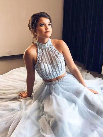 Two Piece Prom Dresses High Neck Aline Beading Long Open Back Prom Dre –  Anna PromDress