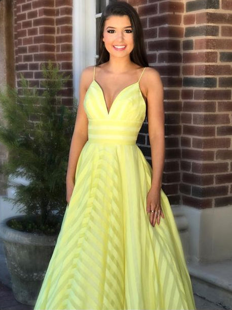 aline yellow dress Beautiful Prom Dresses Aline Spaghetti Straps Chic Long Simple Yellow –  Anna PromDress