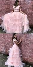 Two Piece Prom Dresses V-neck Aline Sexy Pearl Pink Simple Long Cheap Prom Dress JKL1281|Annapromdress