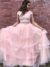 Two Piece Prom Dresses V-neck Aline Sexy Pearl Pink Simple Long Cheap Prom Dress JKL1281|Annapromdress