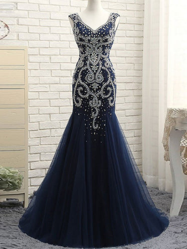 Open Back Prom Dresses V-neck Mermaid Beading Sparkly Prom Dress Long Evening Dress JKL1282|Annapromdress