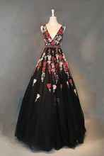 Backless Prom Dresses A-line V-neck Floor-length Embroidery Long Black Prom Dress JKL1283|Annapromdress