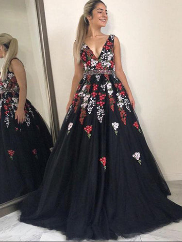 Backless Prom Dresses A-line V-neck Floor-length Embroidery Long Black Prom Dress JKL1283|Annapromdress