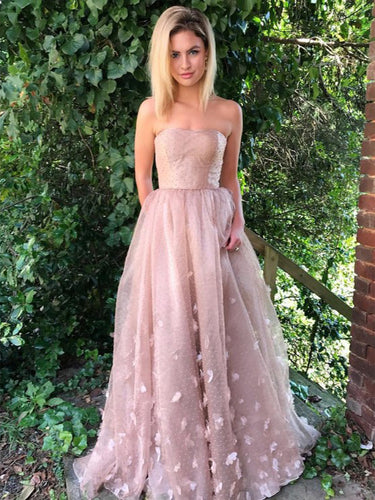 Beautiful Prom Dresses Strapless A-line Hand-Made Flower Long Chic Lace Prom Dress JKL1285|Annapromdress